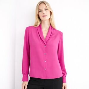 Liz Claiborne -Hot Pink Draped V-Neck Button Blouse Long Sleeve Size 10